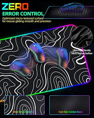 Wireless Charging Mouse Pad, RGB Gaming Mousepad, 31.5"x15.7" in | Extra Large Desk Mat, 13 Light Modes, Non-Slip Rubber Base, Waterproof Computer Keyboard Mat, Black Topographic Line - color: Black Topographic