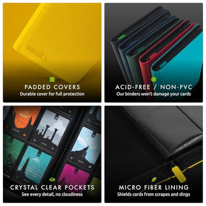 Vault X 4 Pocket Zip Trading Card Binder 160 Cards Exo-Tec (Yellow) | Holds 160 standard-size TCG cards in 20 side-loading 4-pocket pages. Padded, water-resistant Exo-Tec cover. - color: Yellow
