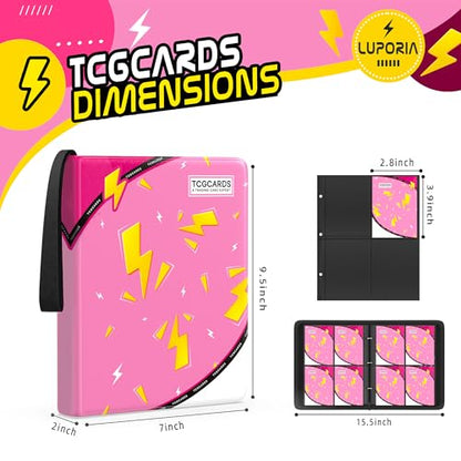 Trading Card Binder 4 Pocket,400 Pocket Card Collection Binder with 50 Removable Sleeves,PU Waterproof Top Card Book,3-Ring Zipper Collectible Trading Card Album for MTG/TCG/Card Holder Gift（Pink） - color: Pink, size: Small