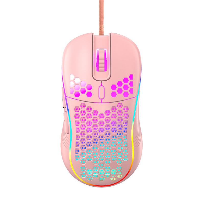 Honeycomb Wired Gaming Mouse, 65g Ultra Lightweight Ergonomic Computer Mouse with RGB Breathing Light, 7200 DPI Max, Widened Side Buttons for PC Mac Laptop Gamers, Esports & Home Office (Pink) - color: Pink
