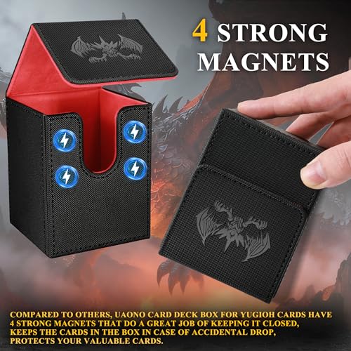 UAONO Card Deck Box for Yugioh MTG Cards, 100+ Deck Case with 2 Dividers Fits TCG CCG, PU Leather Card Storage Box Compatible with Collectible Trading Cards (Black&Red, Extinction Dragon) - color: A-Black&Reds