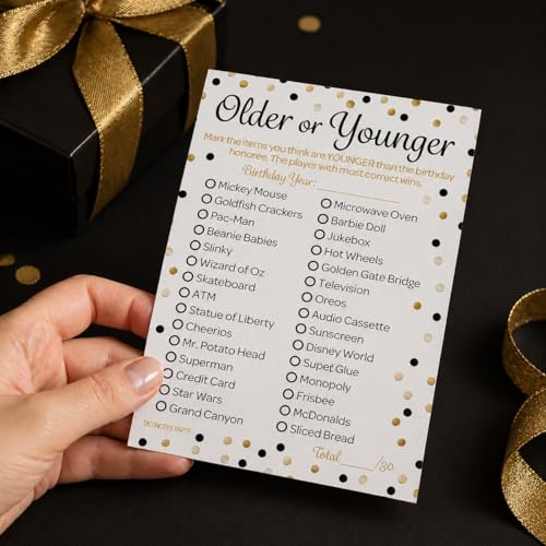Black and Gold 80th Birthday Games Set, Born in the 1940s, 20 Guests | 5" x 7" Dual-Sided Cards, Who Knows Best, Older or Younger, and 1940s Trivia Games, Answer Keys Included - color: Black Gold
