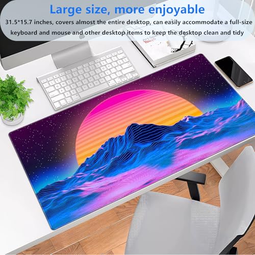 Synthwave Gaming Desk Mat, Retro 80s XXL Large Mouse Pad 31.5x15.7 in | Aesthetic outrun neon desk pad with comfortable 3mm cushion, smooth cloth surface, and non-slip rubber base. - color: Digital Art