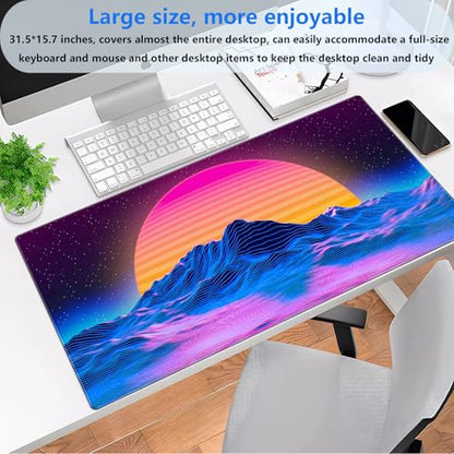 Synthwave Gaming Desk Mat, Retro 80s XXL Large Mouse Pad 31.5x15.7 in | Aesthetic outrun neon desk pad with comfortable 3mm cushion, smooth cloth surface, and non-slip rubber base. - color: Digital Art