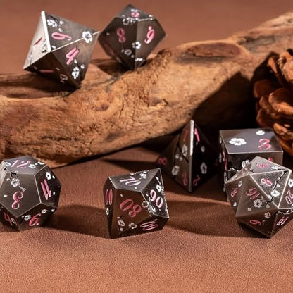 UDIXI Metal DND Dice Set, 7PCS Metal Polyhedral Dice Set Nickel for D&D RPG | White Flower, Metal Case Packaging, Heavy Metal Dice, D&D Gift, for Dungeons and Dragons Role Playing Games Tabletop Games - color: Flower/Nicklepink