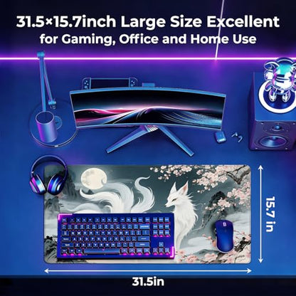 Large Fox Mouse Pad, Chinese Landscape Gaming Desk Mat 31.5X15.7 | HD Print, Non Slip Rubber Base, Waterproof Fabric Top, Stitched Edges, Ideal Gift for Dorm, Home, Office & Back to School - color: Pink