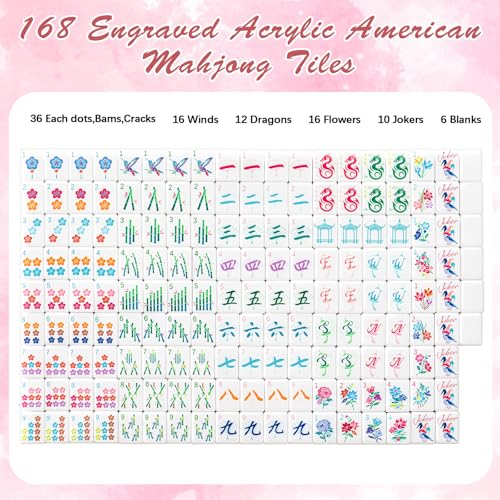 Soulchen 1.2in American Mahjong Tiles Set with Noise Reducing Mat 168 Acrylic Engraved Mahjong Game Tiles with Portable Storage Bags and 4 Dice for Adults Family Friends Collection Travel Game(Pink) - color: Pink