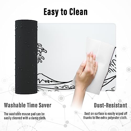 Ovenbird Gaming Mouse Pad with Stitched Edges, Japanese Wave White Extended XL Mousepad with Anti-Slip Base, Cool Large Mouse Pad for Desk, 31.5 x 11.8 in, White - color: Minimal Wave, size: Extended
