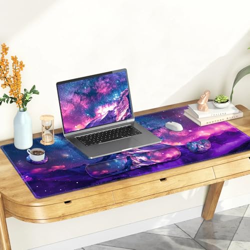 Large Gaming Mouse Pad Set, Purple 4 in1 Ergonomics Keyboard Desk Mat with Memory Foam Wrist Rest, Extended Game Mousepad, Non-Slip Desk Pad Matt Easy Typing Pain Relief I Galaxy Mountain - color: Galaxy Mountain