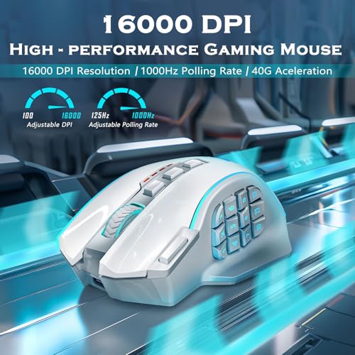 Redragon Wireless Gaming Mouse, MMO Gaming Mouse UP 16,000 DPI, 16 Macro Programmable Buttons, RGB Rechargeable Mouse with 12 Side Buttons, 70Hrs for PC Laptop MOBA FPS, White,M901P-WS - color: white