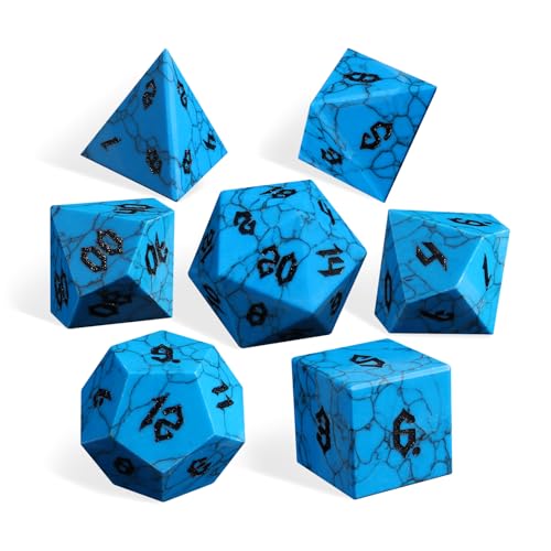 Synthetic Turquoise Cracked Blue Dice Set, 7-Piece Polyhedral Dice for Dungeons & Dragons (D&D), Pathfinder, MTG, Tabletop RPG Gaming, Natural Texture Dice with Black Numbers (Blue) - color: Blue