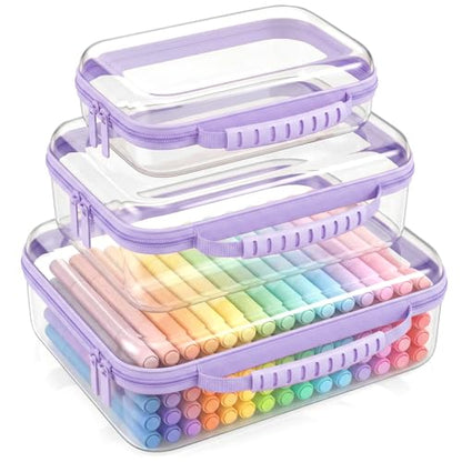Clear Hard Shell Organizer Cases, 3 Pack with Handle | Durable PET shell with water-resistant, scratch-resistant surface for travel, toiletries, electronics and toys - color: Purple1