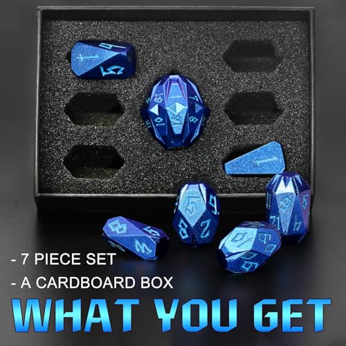 FONVGOGO Metal DND Dice Set - 7 Pcs Unique Cool Polyhedral D and D Dice with Cardboard Box for Dungeon and Dragons, RPG, Tabletop, Role Playing Games (Blue Blue) - color: S Blue Blue