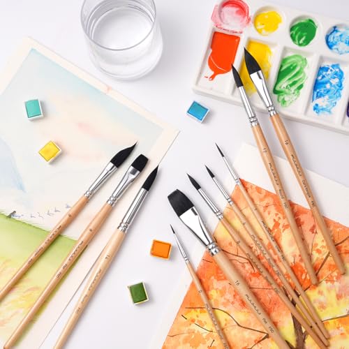 Watercolor Brush Set, Fuumuui 10pcs Professional Synthetic Squirrel Paint Brushes for Artists - Flat, Round Pointed, Dagger, Cats Tongue Oval Wash - color: Wooden