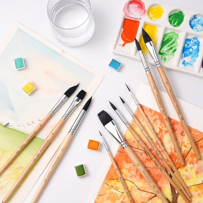 Watercolor Brush Set, Fuumuui 10pcs Professional Synthetic Squirrel Paint Brushes for Artists - Flat, Round Pointed, Dagger, Cats Tongue Oval Wash - color: Wooden