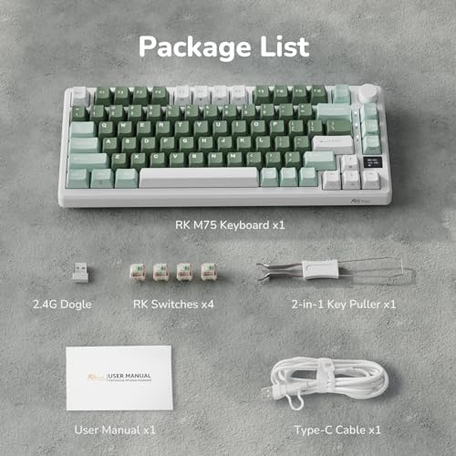 RK ROYAL KLUDGE M75 Wireless Mechanical Keyboard 2.4Ghz/BT5.1/USB-C Gaming Keyboard 75% Layout 81 Keys Gasket Mount with OLED Display & Knob RGB Backlight Hot-Swappable Pale Green Switch, Green - color: Green, size: Pale Green Switch