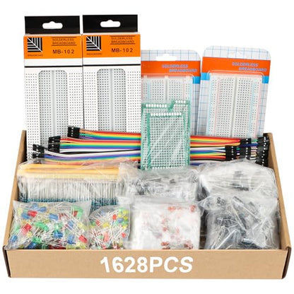 Electronic Component Kit, 1628 Pcs DIY Electronics Kit with LED Diodes, Diodes, Metal Film Resistors, Electrolytic Capacitor, Transistors, Ceramic Capacitors, Dupont Wire, PCB Board, Breadboard - style: 1628 Pcs