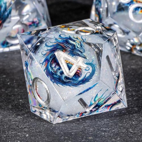 OUKELANWO Liquid Core Dragons Stickers DND Dice Set D&D, 7Pcs Dungeons D and D Role Playing Dice with Gift Box, Resin Sharp Edge Dice D20 D12 D10 D8 D6 D4, White - color: White