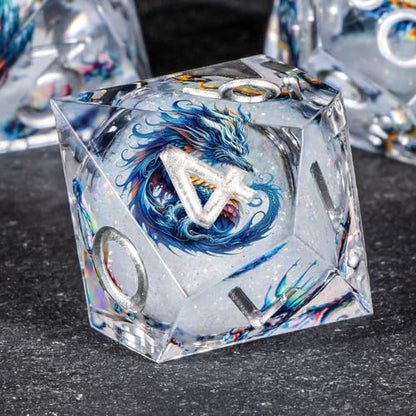 OUKELANWO Liquid Core Dragons Stickers DND Dice Set D&D, 7Pcs Dungeons D and D Role Playing Dice with Gift Box, Resin Sharp Edge Dice D20 D12 D10 D8 D6 D4, White - color: White
