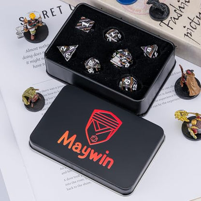 Inlay Metal Dice Set 7pcs – Heavy Zinc Alloy DND & RPG Dice for Tabletop Games - color: Black Nickel Bicolor