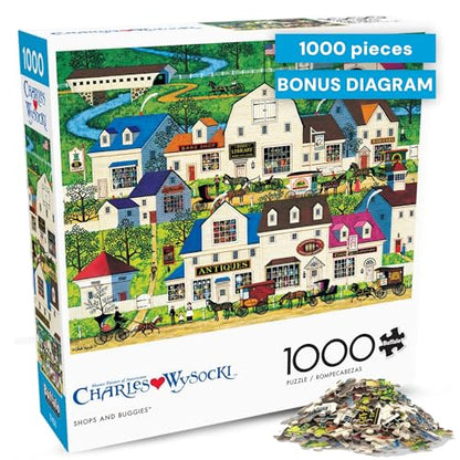 Buffalo Games - 1000 Piece Jigsaw Puzzle Charles Wysocki Shops and Buggies, Made in USA, Premium Recycled Board, Reference Diagram, Giftable - color: Shops and Buggies