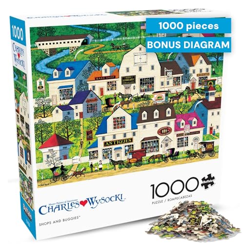 Buffalo Games - 1000 Piece Jigsaw Puzzle Charles Wysocki Shops and Buggies, Made in USA, Premium Recycled Board, Reference Diagram, Giftable - color: Shops and Buggies
