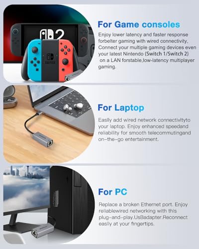 USB to Ethernet Adapter,Ethernet to USB,USBA to RJ45 for Nintendo Switch 2,Gigabit Ethernet Adapter, LAN Network for Laptop, MacBook,Chromebook,Surface, Desktop,PC and More (USB A POART) - size: USB A POART