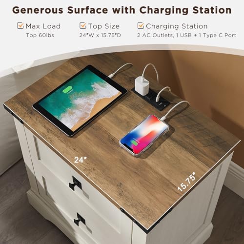 T4TREAM 24" Farmhouse Nightstand with Charging Station, Antique White | End Table, 2 Large Storage Drawers, Rustic Wood Sofa Bedside Table, Bedroom, Living Room - color: Antique White, size: 24"W*15.75"D*24"H