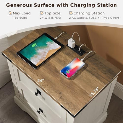T4TREAM 24" Farmhouse Nightstand with Charging Station, Antique White | End Table, 2 Large Storage Drawers, Rustic Wood Sofa Bedside Table, Bedroom, Living Room - color: Antique White, size: 24"W*15.75"D*24"H