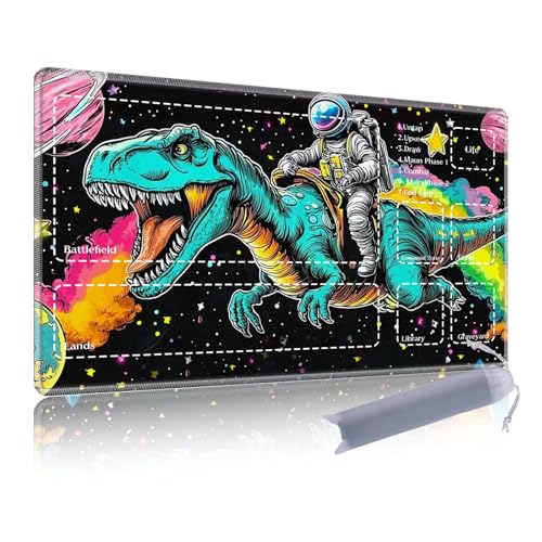 Premium TCG Playmat with 6 Gaming Zones | 24x14 Non-Slip Rubber Surface MTG Mat | Black Play Card Storage Pouch for CCG Playmat | Cool Astronaut and Dinosaur - color: Cool Astronaut and Dinosaur, size: 13.8*23.6 in