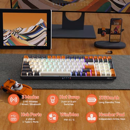 RK ROYAL KLUDGE RK100 Wireless Mechanical Keyboard RGB Backlit Bluetooth5.1/2.4G/Wired 96% Full Size 100-Key Hot Swappable Gaming Keyboard Red Switch Carbon - color: Carbon, size: Hot Swappable Red Switch