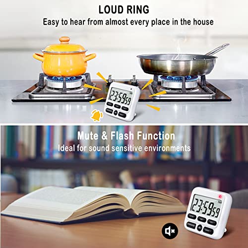 4-in-1 Digital Timer with Count Up/Down, Clock & Alarm, Ring & Silent Modes | Large 2.8-Inch easy-read LCD, On/Off switch, 24-Hour count up/down, Fast-forward function, Magnetic back, stand, hanging hole - color: White