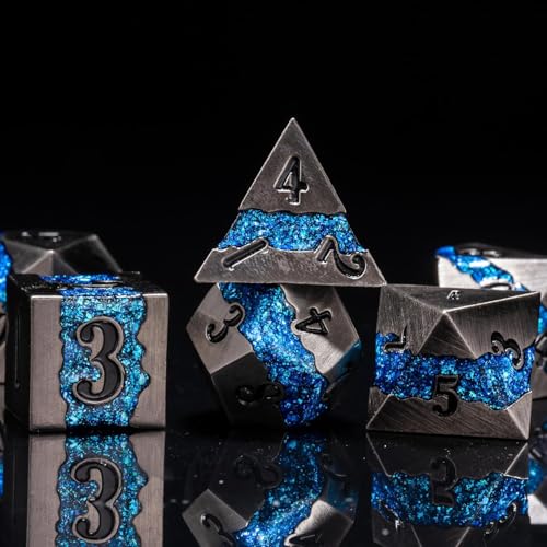 Metal DND Dice Set, 7PCS Polyhedral Metal Dice with Galaxy Glitter Inlay, Heavy RPG Dice Set for Dungeons and Dragons, Pathfinder Tabletop Games - color: Ancient Nickel Brilliant Blue