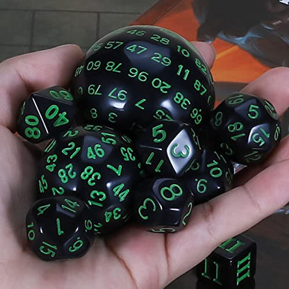 CiaraQ DND Polyhedral Dice Set (15pcs) D4-D100 Game Dice with Dice Bag | Acrylic Role Playing Dice for Dungeons and Dragons MTG Table Games (Black & Green) - color: Black & Green