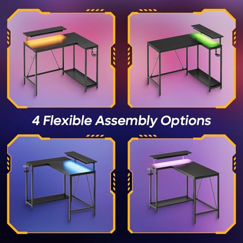 Pinmoco 42" Reversible L-Shaped Desk, Gaming Desk with LED Lights, Monitor Stand, Cup Holder and Headset Hook, Corner Work Station for Home Office, Study and Small Spaces, Carbon Fiber Black | corner desk fits small spaces, monitor stand, cup holder, head