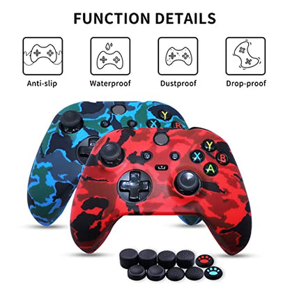 [2 Pack] Jusy Compatible with Xbox Series X/S Controller Soft Silicone Cover Skin, Sweat-Proof Dust-Proof Anti-Slip Case Cover Protective Accessories Set, with 10 Thumb Grips (Red+Blue) - color: Red+Blue