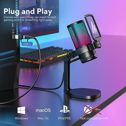 MAONO USB Gaming Microphone with Boom Arm Microphone Stand: Noise Cancellation Condenser Mic Kit with RGB Lights,for Streaming Recording Podcast Chat Twitch YouTube Discord DGM20+BA20 Black