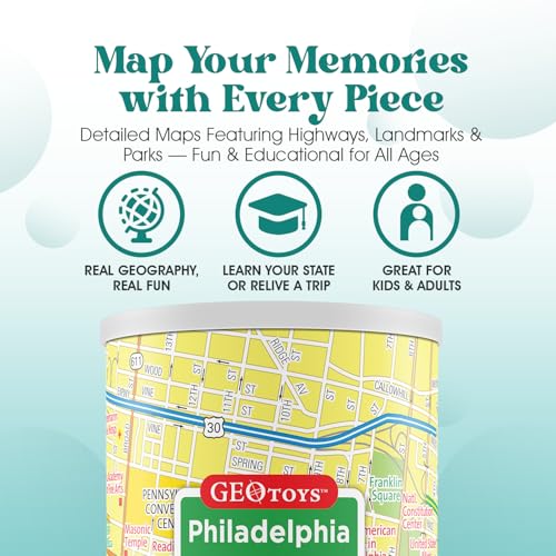 Geotoys Philadelphia Mini City Puzzle - 100 Piece Puzzles for Kids and Adults in Portable Can, 13" x 10" Educational Travel Puzzle for Ages 7 and Up - Mini Puzzles to Learn & Explore Geography - style: Philadelphia