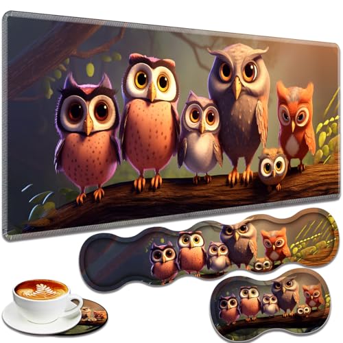Large Gaming Mouse Pad + Keyboard Wrist Rest + Wrist Support + Coaster Set, Memory Foam Ergonomic for Easy Typing, XXL Extended Gaming Mouse Pad Table Pad - Cute Owl - color: Cute Owl