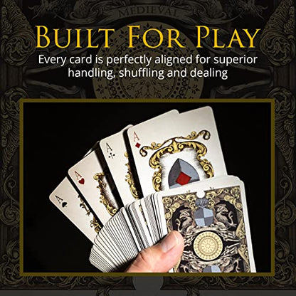Medieval Playing Cards with Unique Seal and Free Card Game eBook, Stand Out with Cool Poker Cards, Black Deck of Playing Cards, Unique Illustrated Designs for Kids & Adults, Playing Card Decks - color: Gold