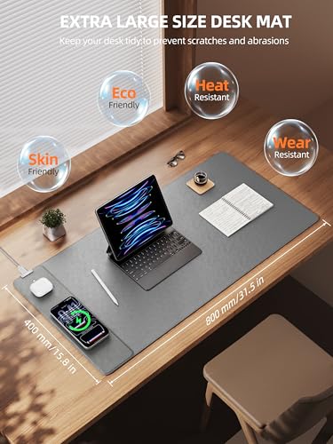 TopMade Mouse Pad with 15W Wireless Charging, XXL Large Leather Desk Mat, Waterproof Gaming Mousepad Home Office Desk Pad Protector, Gray (Includes 20W PD Power Adapter & 6.56ft Woven Cable) - color: Gray With Adapter