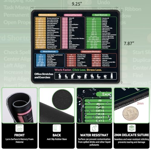 KONVINIT Ergonomic Mouse Pad with Wrist Rest, Small Excel Cheat Sheet Desk Pad with Windows & Office & Excel Shortcuts, Non-Slip Rubber Base Mouse Pads for Desk with Smooth Surface, Black - color: Flat Shortcut