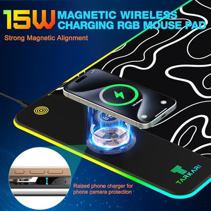 TARKARI Magnetic Wireless Charging RGB Mouse Pad, Large Gaming Desk Mat Waterproof, 31.5"x11.8" Black Mousepad, Ultra-Smooth Surface, Non-Slip Rubber Base, Desk Pad for Keyboard Laptop - color: Topographic Pattern