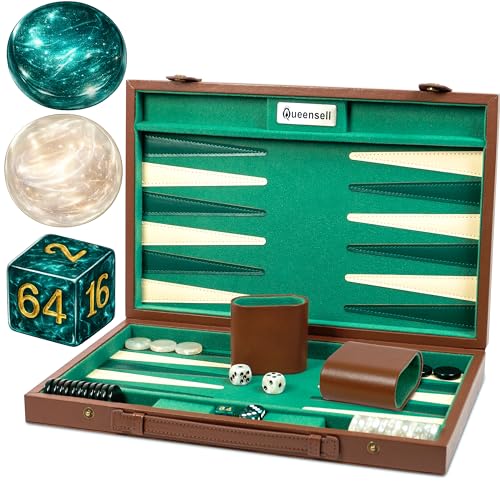 Backgammon Sets for Adults 15 Inch – Premium Faux Suede Leather Backgammon Board Game Set with 32 Chips, Dice Cups & Doubling Cube – Portable Travel Backgammon Set