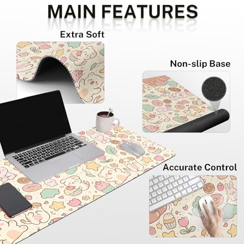 Britimes Kawaii Bunny Bear Keyboard Mouse Pad Set Cartoon Pink 4in1 Large Mousepad+Keyboard Wrist Rest+Mouse Wrist Rest+Coaster Ergonomic Design for Home Office Computer 35.4x15.7 inches - color: Pink Bunny