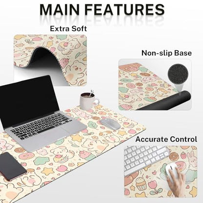Britimes Kawaii Bunny Bear Keyboard Mouse Pad Set Cartoon Pink 4in1 Large Mousepad+Keyboard Wrist Rest+Mouse Wrist Rest+Coaster Ergonomic Design for Home Office Computer 35.4x15.7 inches - color: Pink Bunny