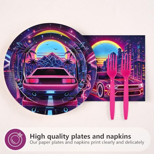96 Pcs Bienvenido a Miami Party Decorations, Serves 24 | Retro Summer Disco Plates and Napkins Tropical Neon Tableware Set for Miami Birthday Summer Beach Disco Style Pool Party - style: Summer Neon Disco Plates m