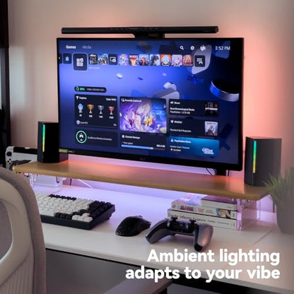 Bamboo Monitor Stand, Desk Shelf with Acrylic Legs and RGB Lights | 31.5-Inch Wide, 3.3-Inch Clearance, Fits Monitor, Laptop, Printer and Speakers for Small Desks - color: Natural x RGB Light
