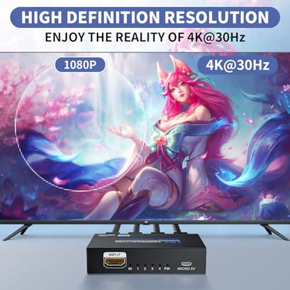 HDMI Splitter 1 in 4 Out 4K@30Hz, Powered 1x4 HDMI Video Splitter 4 Ports with Power Cord, Duplicate/Mirror Screen, Supports UltralHD 3D 1080P HDCP 1.4 for HDTV, STB, DVD, PS5/4/3, Projector, Etc