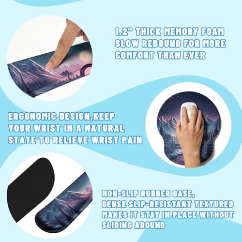 Fantasy City Desk Mat Set Night Moon Mountain Landscape Mouse Pad with Wrist Rest 4in1 Desk Mat for Desktop Ergonomic Keyboard Wrist Support Anti-Slip Computer Ergonomic Mouse Pad Home Office Gaming - color: Fantasy City